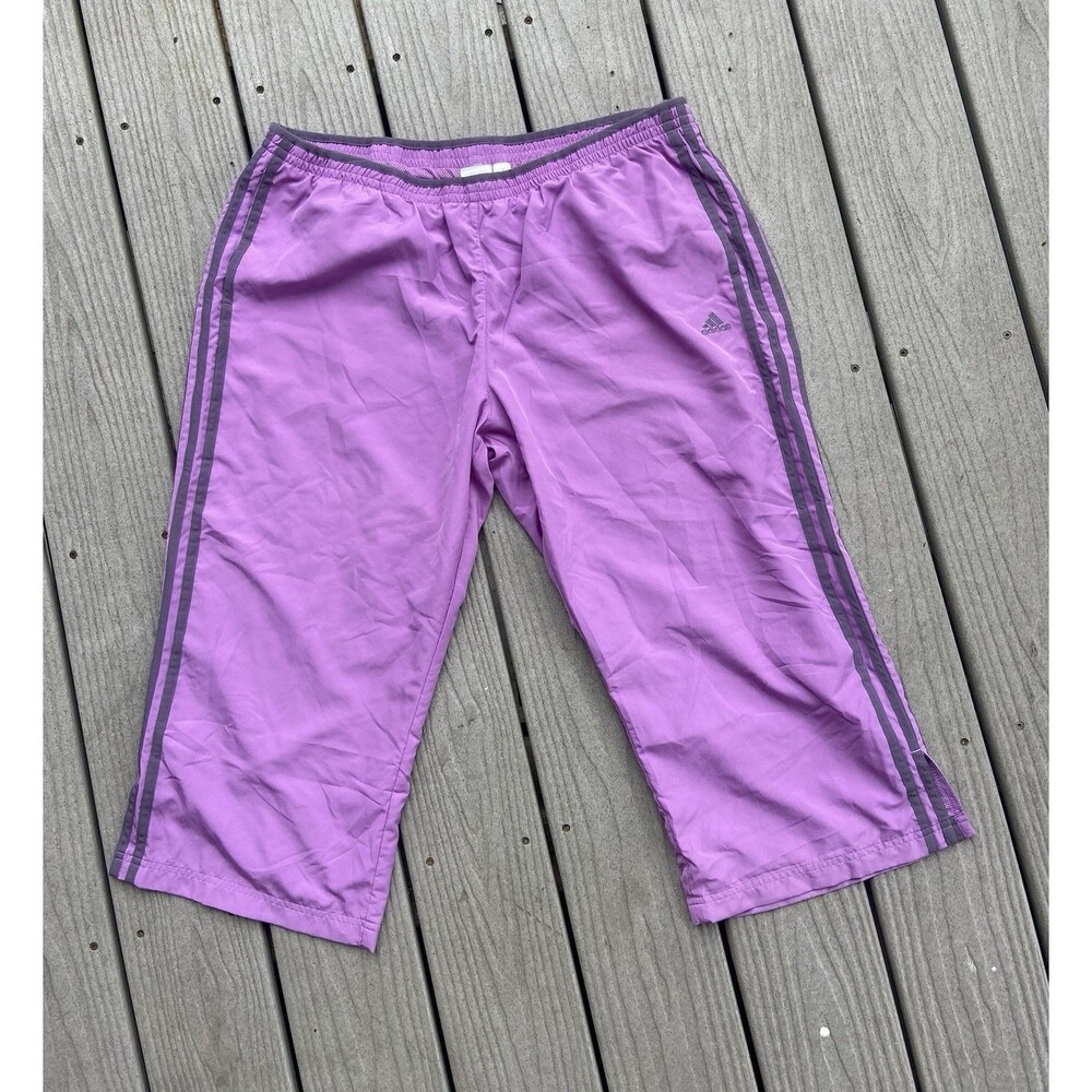 Adidas Women XL Purple Capri Windbreaker Pants 3 Stripe Mesh Lined Athletic Y2K
